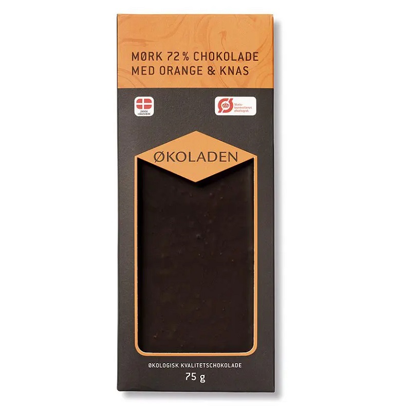 økoladen   økologisk Mørk 72  Chokolade   Orange   Knas