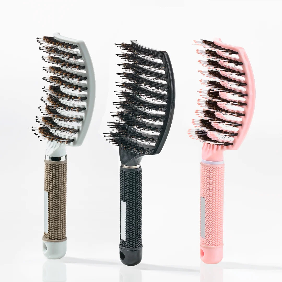 Curved Paddle Brush   Hårbørste Med Vildsvinehår   3 Stk Sort   Hvid   Lyserød  Spar 16