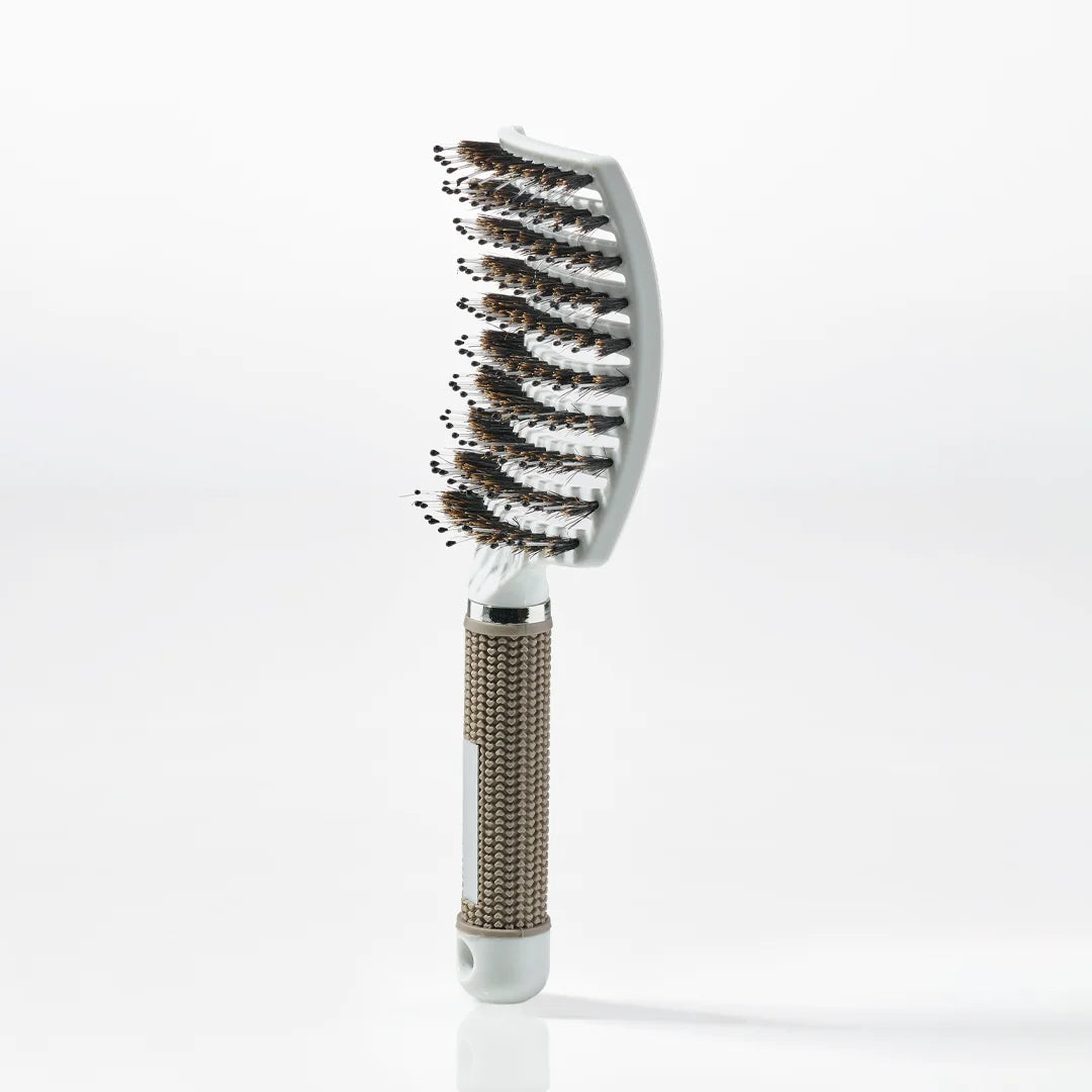 Curved Paddle Brush   Hårbørste Med Vildsvinehår   Hvid