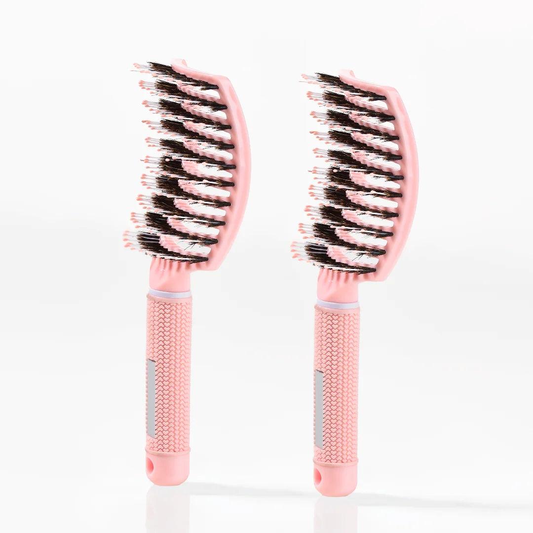 Curved Paddle Brush   Hårbørste Med Vildsvinehår   2 Stk Lyserød  Spar 12
