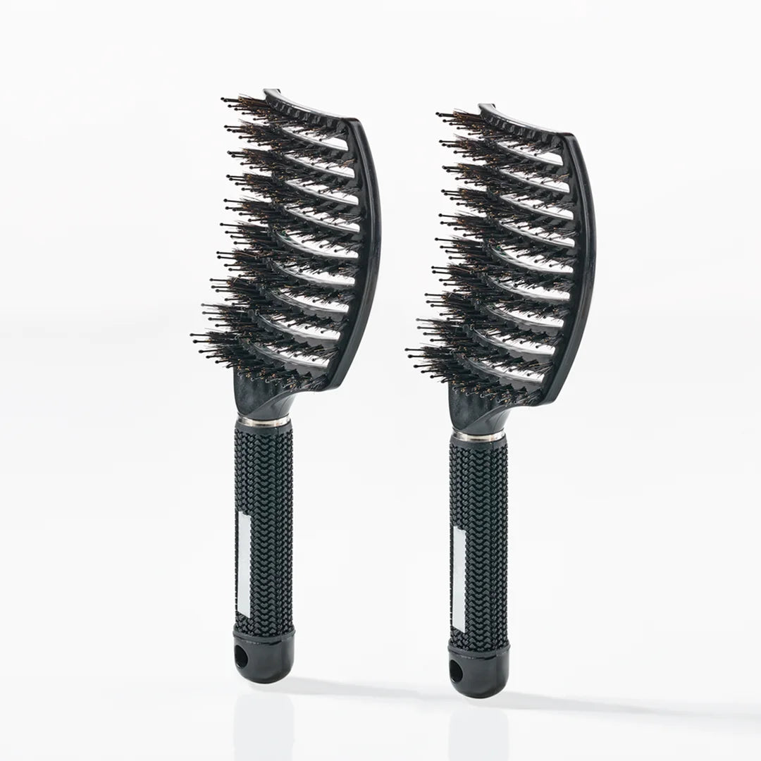 Curved Paddle Brush   Hårbørste Med Vildsvinehår   2 Stk Sort  Spar 12